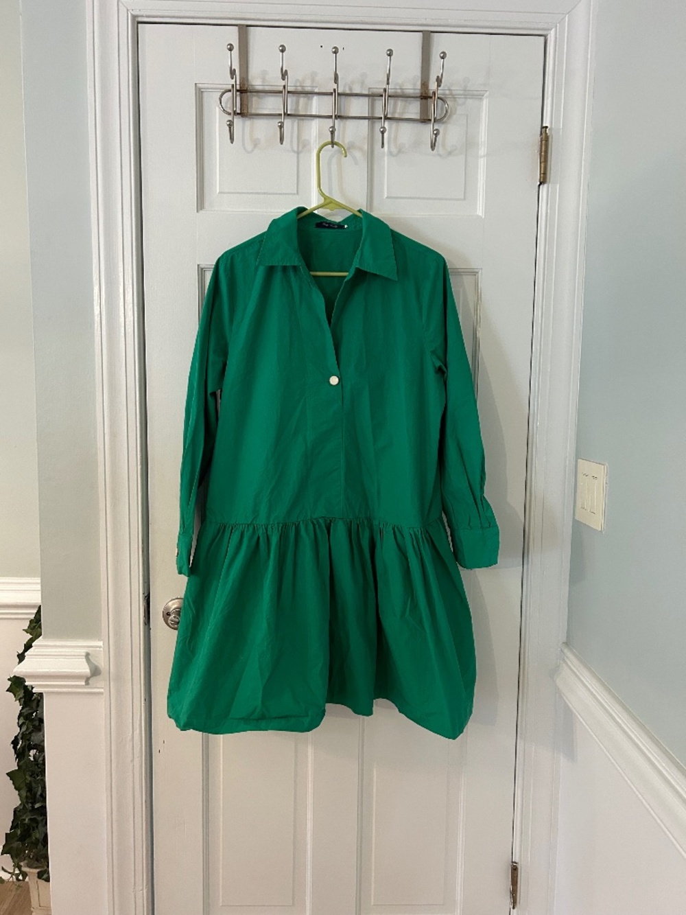 Emerald Green Shirt Dress Long Sleeve Collared Button Front
